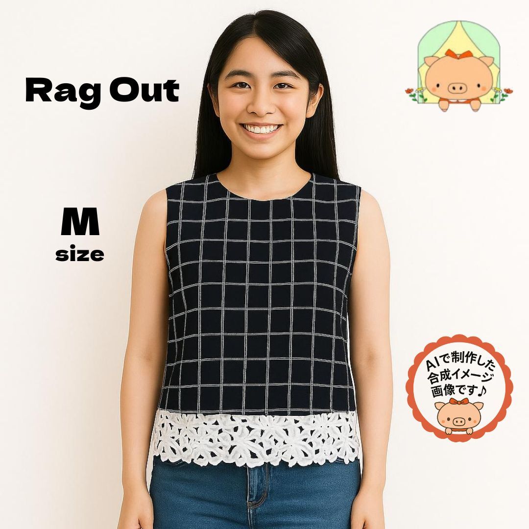 C0186 【美品】Rag Out ノースリーブカットソー M チェック柄×レース デザイントップス 紺 レディース #ぷーちゃんサポート拍卖
