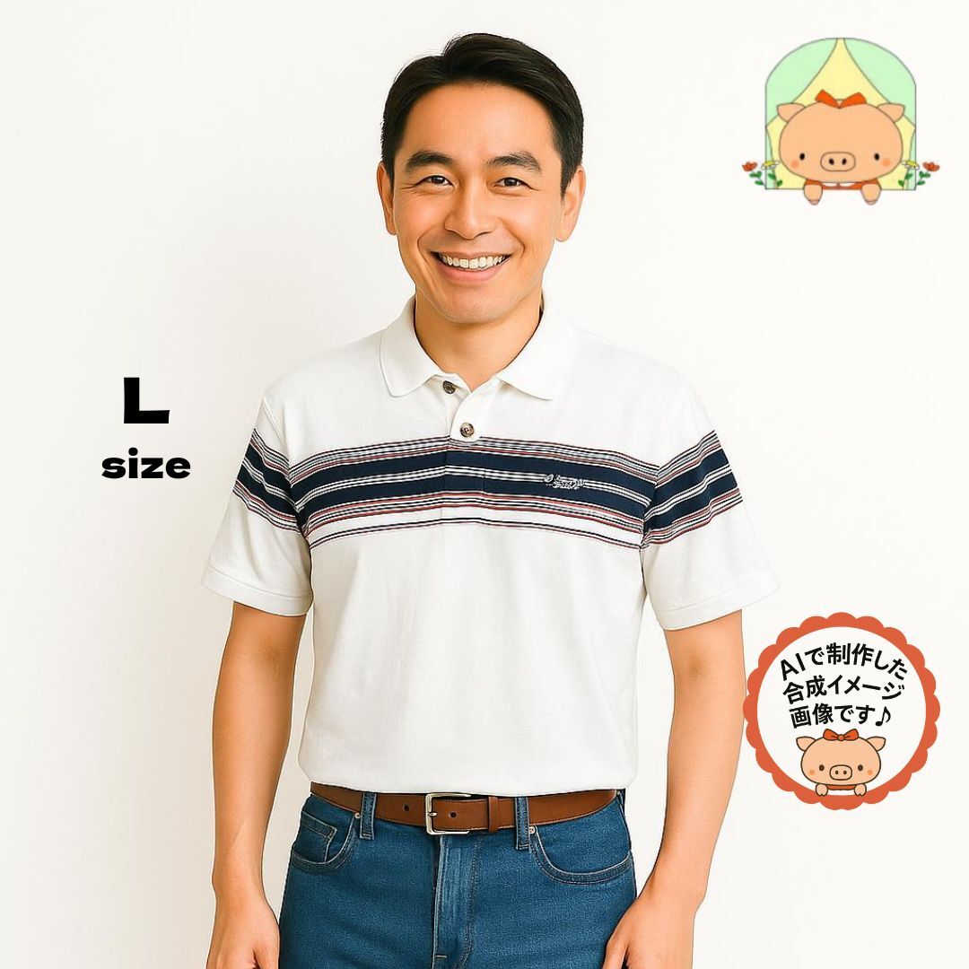 CA307 ボーダー柄 ウッド調ボタン 刺繍入り シンプル メンズ Lサイズ 半袖ポロシャツ ホワイト 白 カジュアル  #ぷーちゃんサポート拍卖