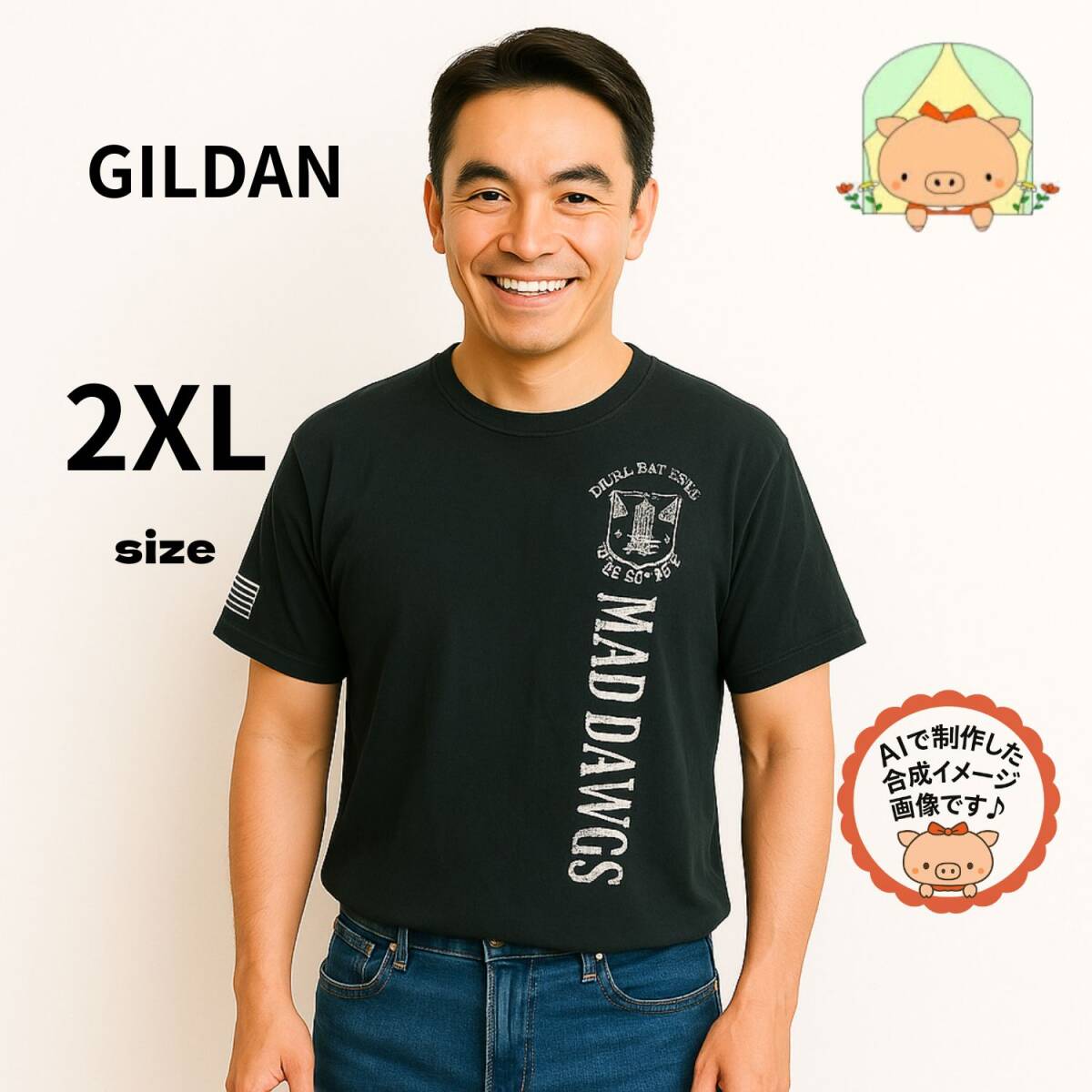 K0346 【GILDAN】ギルダン 半袖Tシャツ 2XL 黒 ミリタリー プリント ロゴ入り ヘビーコットン USA古着  #ぷーちゃんサポート拍卖