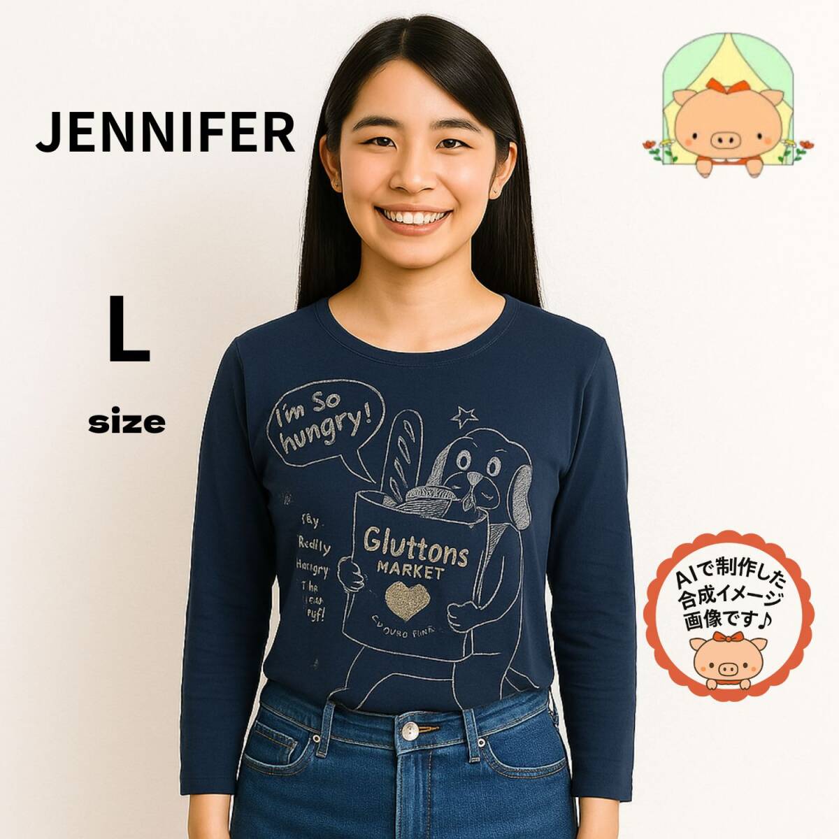 CA0964 【美品】JENNIFER ジェニファー 長袖Tシャツ L ネイビー ラウンドネック 可愛いプリント レディース #ぷーちゃんサポート拍卖