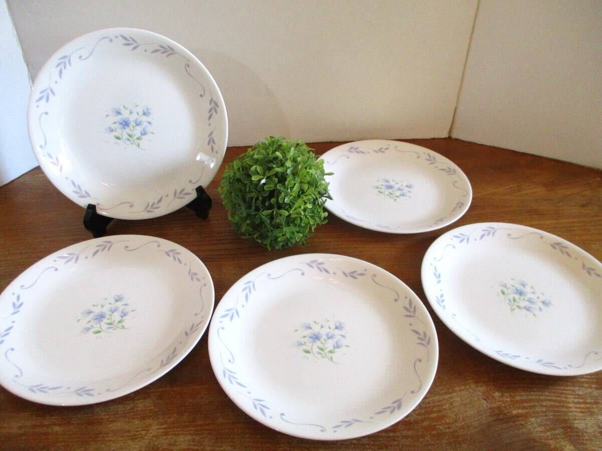 【美品】CORELLE コレール USA 強化・耐熱ガラスプレート 直径21.5cm すみれ スミレ 花柄 中皿 平皿 5枚セット バイオレット 軽量 楽な収納拍卖