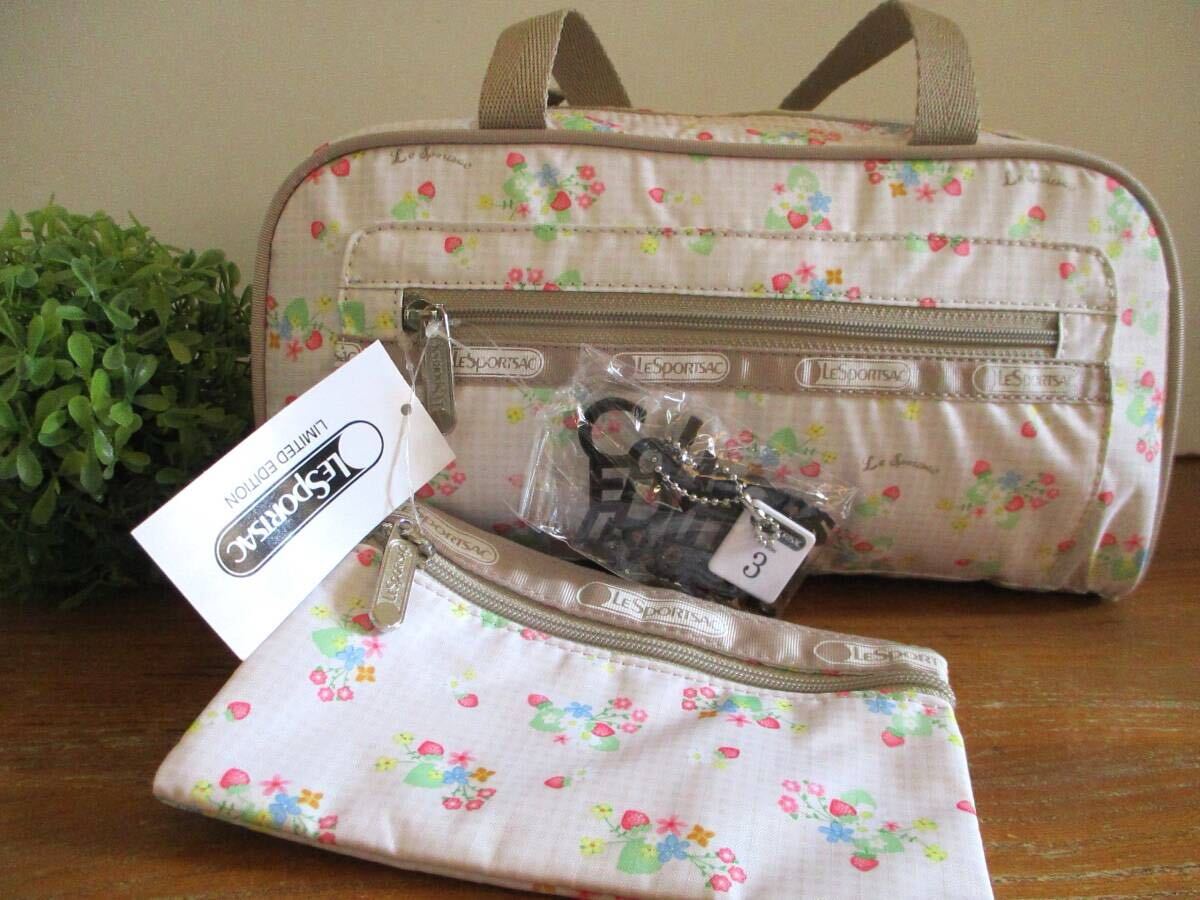 【未使用・送料込】レスポートサック LeSportsac 苺 いちご&花柄 チャーム付き ミニボストン&ミニポーチ 値札付 定価8,610円 人気 軽量拍卖