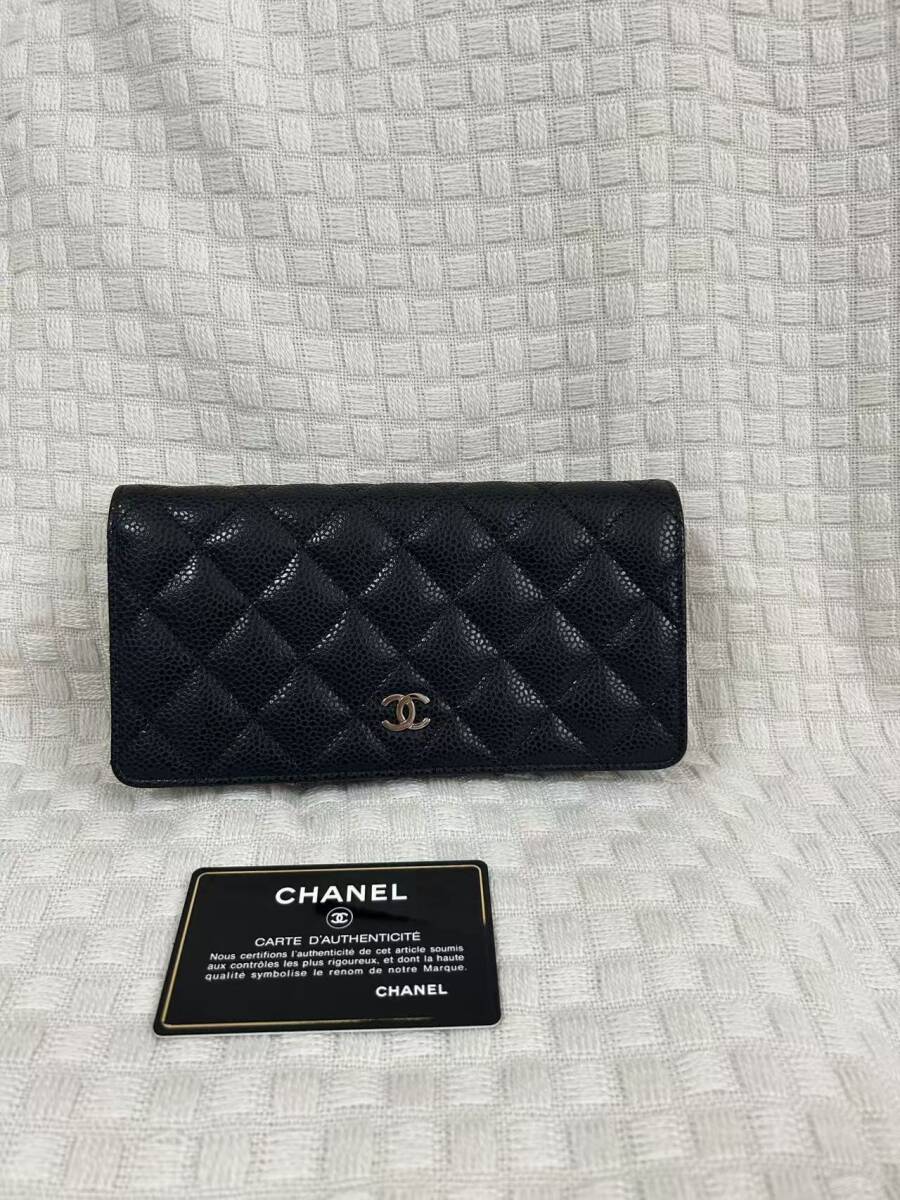 本物保証 未使用品 CHANEL シャネル 2つ折り長財布 マトラッセ キャビアスキン ブラック ゴールド金具 A31509 箱、保存袋なし拍卖