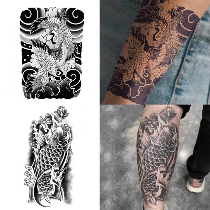 【送料無料!タトゥーシール】★鯉 14cm×28cm/鶴 17cm×24cm 刺青シール 和柄 腕 脚 リアル和彫 防水・耐久性あり(C009+HY-017)拍卖
