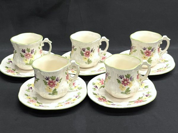 【R263】カップ&ソーサー HANZAN 5客 デミタス エスプレッソ 手描き 花柄 白磁に色絵 コーヒーカップ 茶器 陶器製 レトロ アンティーク拍卖