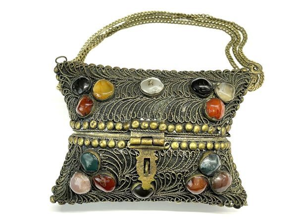 【M846】アンティーク 天然石付 ショルダーバック ジュエリーボックス アクセサリーケース/小物入れ 金属製 真鍮? ヴィンテージ b拍卖