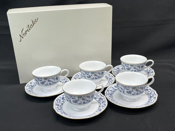 【R308】新品 未使用 Noritake ノリタケ カップ&ソーサー 5客セット 金彩 青花絵 レトロ アンティーク ヴィンテージ 高級洋食器 b拍卖