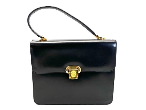 【K891】ハロッズ/Harrods レザー フラップ ワンハンドル ハンドバッグ 手提げ 鞄 ブラック ゴールド金具 b拍卖