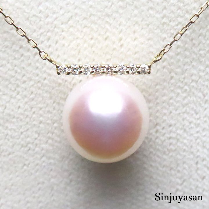 真珠屋さん 特選【ホワイトピンク】最高の色!9.0mm アコヤ真珠 ダイヤモンド D0.04ct K18ネックレス 伊勢志摩産パール 18金 新品拍卖