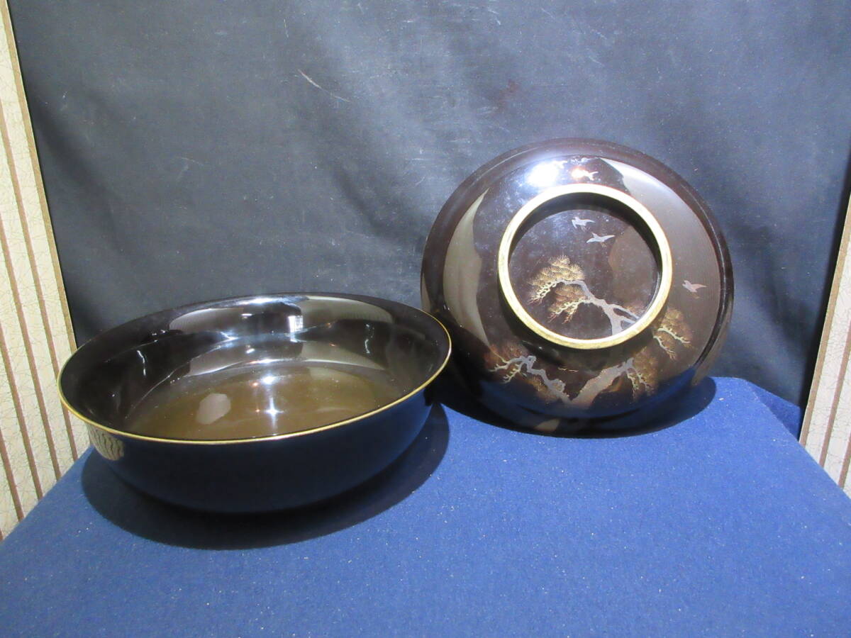 T2293 漆芸 應擧画写老松千鳥内旭日波蒔絵喰籠 菓子器 合箱拍卖