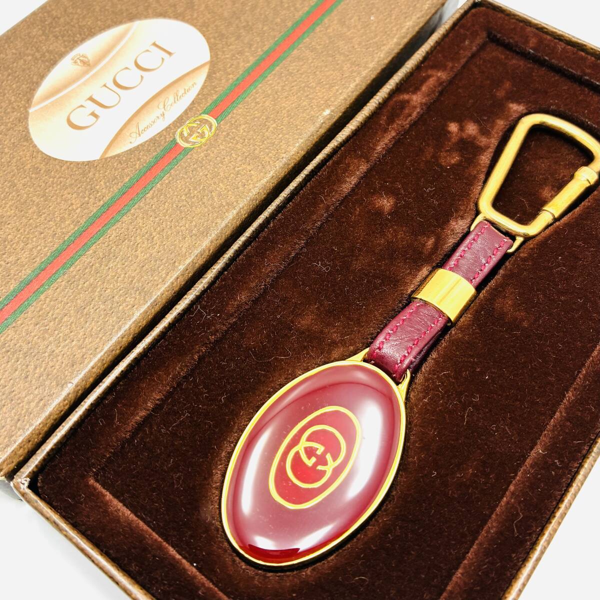 GUCCI グッチ オールドグッチ キーホルダー インターロッキング レザー 男女兼用 ヴィンテージ 箱付き ゴールド 赤系 メンズ レディース拍卖