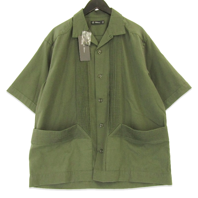 未使用 Audience オーディエンス 半袖シャツ AUD6642 綿麻ビンテージキャンバス ピンタック オリーブ M タグ付き 18000980拍卖