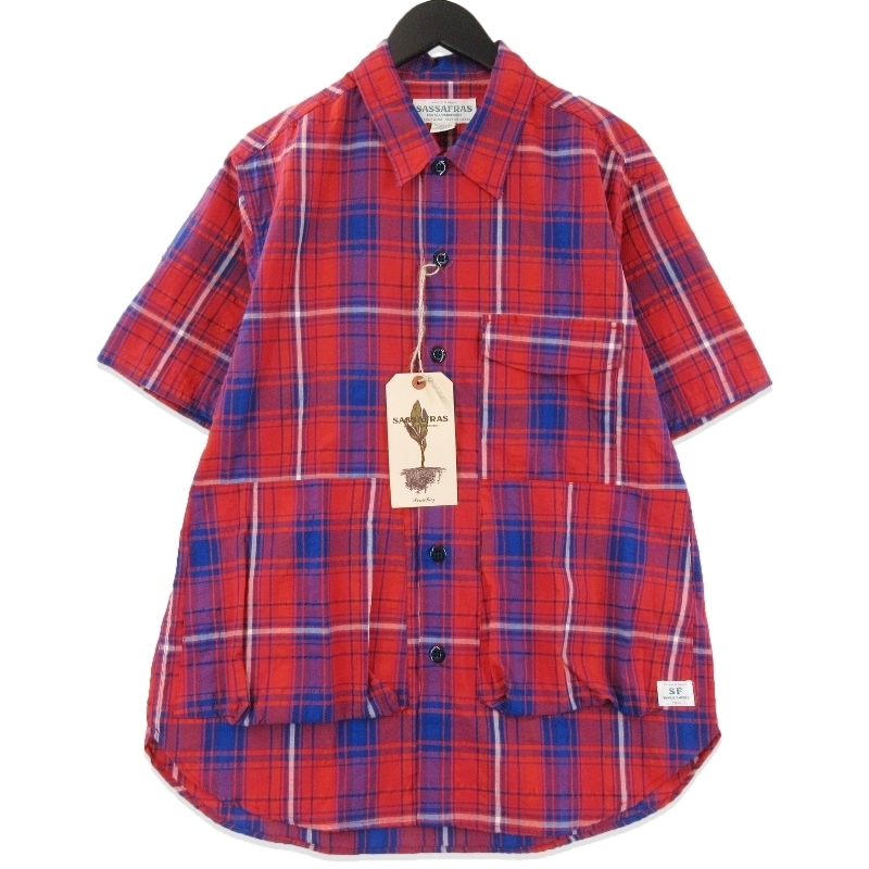 未使用 SASSAFRAS ササフラス Digs Crew Shirt 1/2 SF-252244 ディグスクルー 半袖シャツ リップルチェック レッド M タグ付き 71013589拍卖