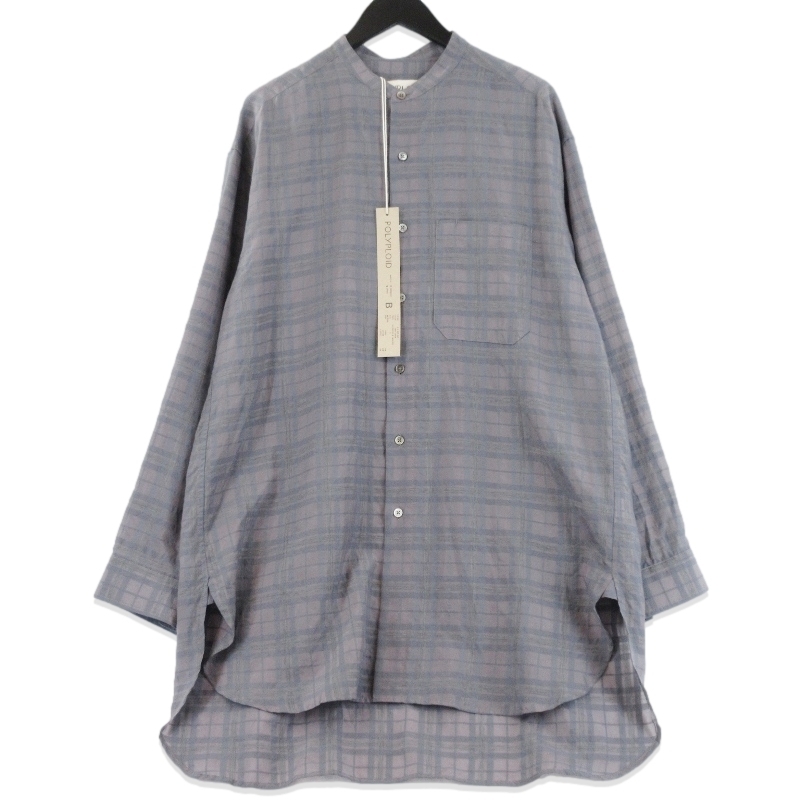 未使用 POLYPLOID ポリプロイド LONG SHIRT B-5-002-037 長袖シャツ ロングシャツ バンドカラー GRAY CHECK 3 タグ付き 70016948拍卖
