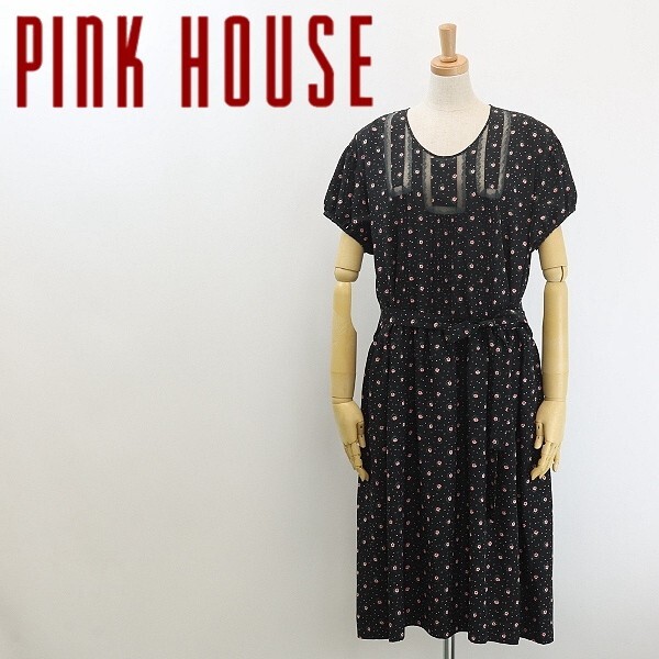 【HA142】◆PINK HOUSE ピンクハウス 花柄 レース使い バックボタン ウエストリボン ギャザー 切替 ワンピース 黒 ブラック拍卖