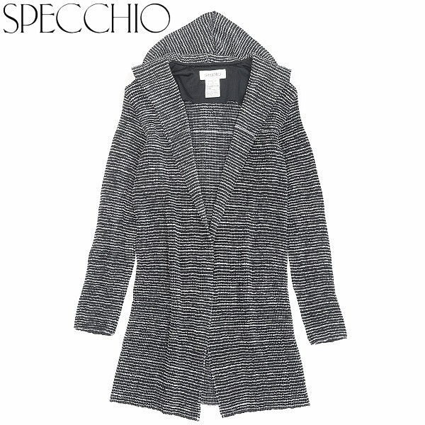 【HA139】美品◆SPECCHIO スペッチオ プリーツ加工 ボーダー柄 ボタンレス フーデッド ロング カーディガン ブラック×ホワイト 40拍卖