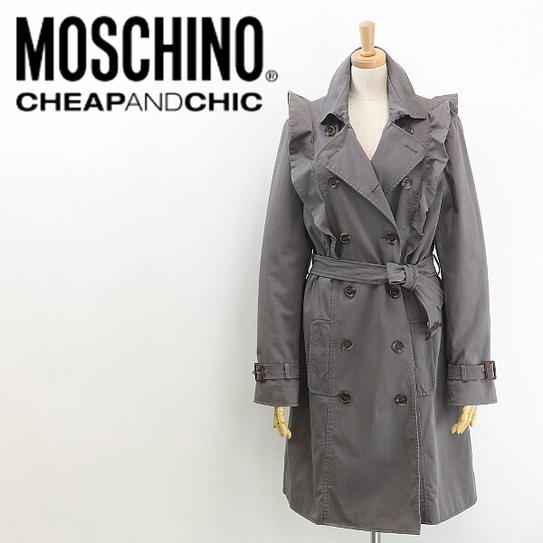 【HA95】◆MOSCHINO CHEAP AND CHIC モスキーノ チープアンドシック フリル 中綿 ベルテッド ダブル コート グレー 44拍卖