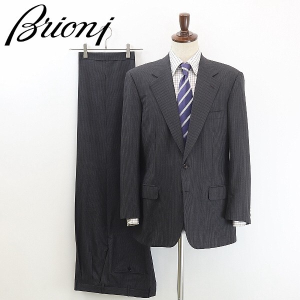 【HA170】◆Brioni ブリオーニ 裏地ロゴ総柄 ストライプ 2釦 スーツ セットアップ チャコール 50拍卖