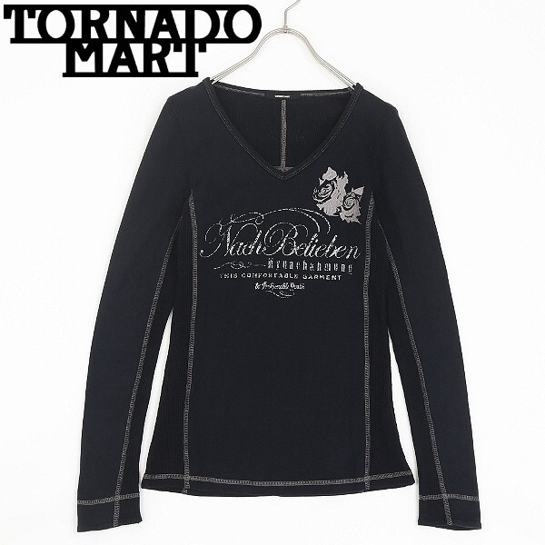 【HA215】◆TORNADO MART トルネードマート 刺繍×プリント ワッフル地 切替 コットン Vネック ロンT 長袖 Tシャツ 黒 ブラック拍卖