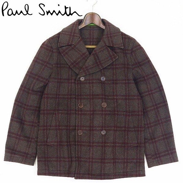 【HA36】◆Paul Smith ポールスミス チェック柄 ウール Pコート ダブル コート ダークブラウン XL拍卖