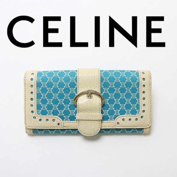 【HA246】◆CELINE セリーヌ ジャガード×レザー マカダム柄 ベルトデザイン ウォレット 長財布拍卖