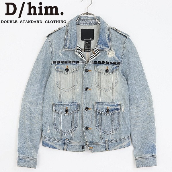 【HA268】◆D/him. ディーヒム ダブルスタンダードクロージング ダメージ加工 スタッズ デニム ジャケット Gジャン サックス 44拍卖