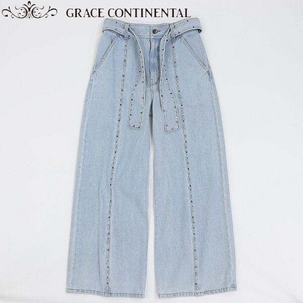 【HA325】新品◆GRACE CONTINENTAL グレース コンチネンタル 2.9万 リボンベルト付 スタッズ ワイド デニム パンツ ジーンズ サックス 36拍卖