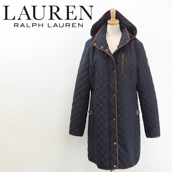 【HA349】◆RALPH LAUREN ラルフローレン パイピング 中綿 キルティング フーデッド コート 紺 ネイビー×ブラウン S拍卖