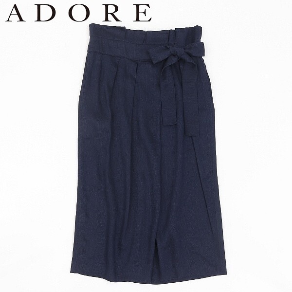 【HA365】◆ADORE アドーア リネン タック ウエストリボン スカート 紺 ネイビー 38拍卖