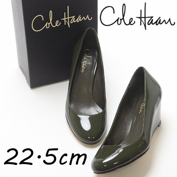 【HA403】◆COLE HAAN コール ハーン エナメル ラウンドトゥ ウェッジソール パンプス ダークグリーン 5 1/2拍卖