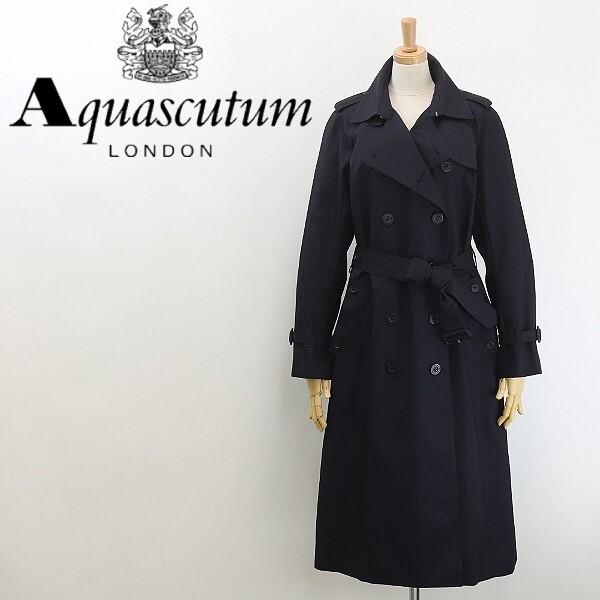 【HA398】◆Aquascutum アクアスキュータム 裏地チェック柄 コットン ロング スプリング トレンチ コート 紺 ネイビー 8拍卖