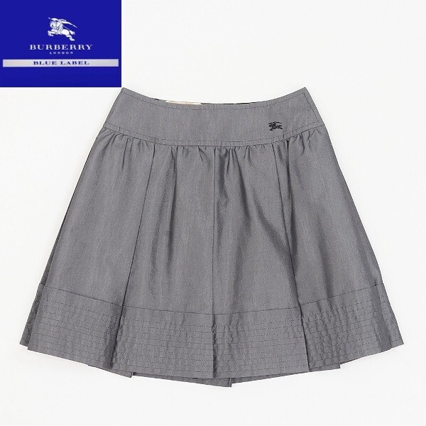 【HA382】◆BURBERRY BLUE LABEL バーバリー ブルーレーベル 光沢感 ロゴ刺繍 コットン プリーツ スカート グレー 38拍卖