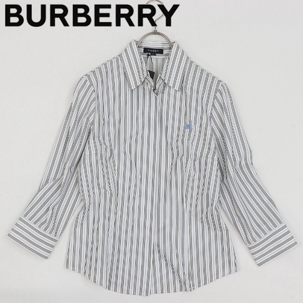 【HA381】美品 国内正規品◆BURBERRY LONDON バーバリー ロンドン マルチストライプ柄 ロゴ刺繍 コットン 七分袖 シャツ 40拍卖
