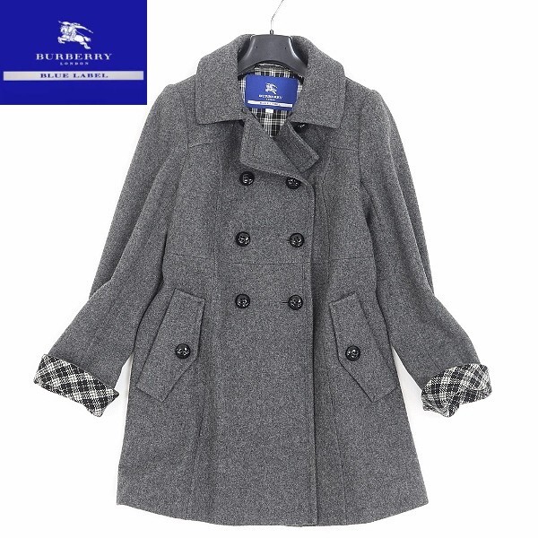 【HA429】◆BURBERRY BLUE LABEL バーバリー ブルーレーベル 裏地チェック柄 ウール ダブル コート グレー 36拍卖
