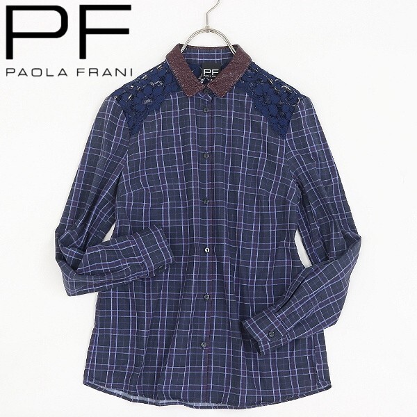 【HA465】◆PAOLA FRANI パオラフラーニ チェック柄 レース使い コットン 長袖 シャツ ネイビー 40拍卖