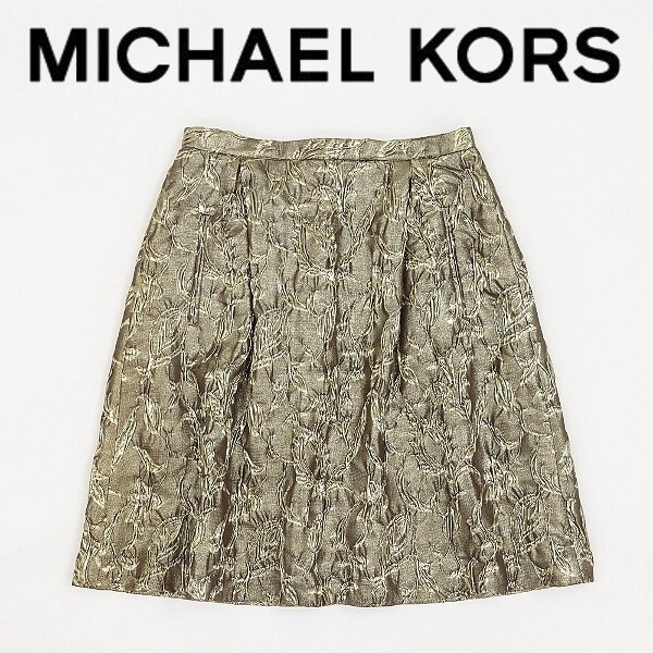 【HA441】◆MICHAEL KORS マイケルコース シルク混 ストレッチ 織柄 タック スカート ゴールド 6拍卖
