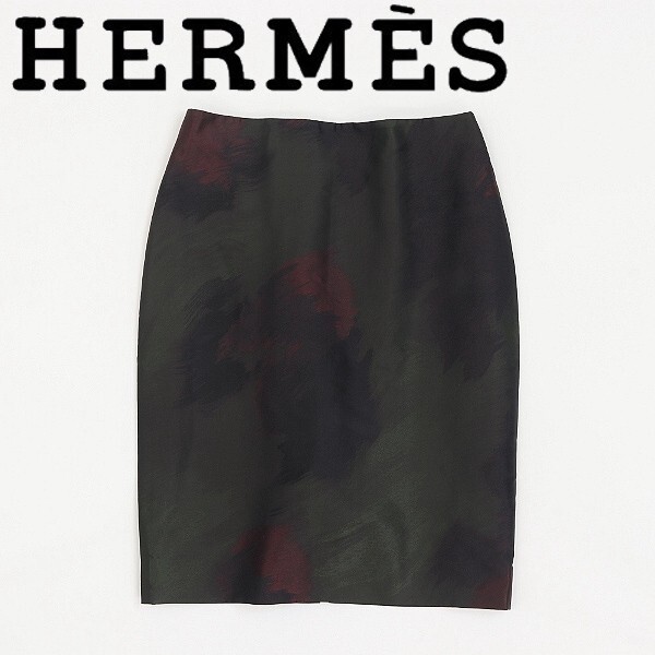 【HA502】国内正規品◆HERMES エルメス マルジェラ期 シルク100% 総柄 バックスリット スカート 34拍卖