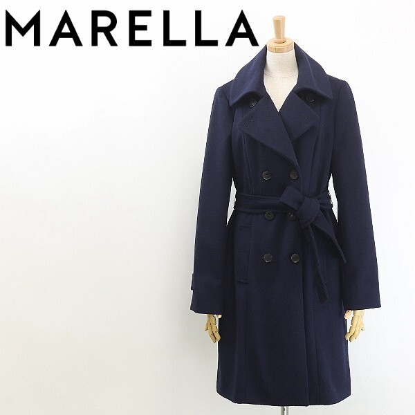 【HA499】◆MARELLA マレーラ マックスマーラ リボンベルト付 ウール ダブル コート 紺 ネイビー 42拍卖