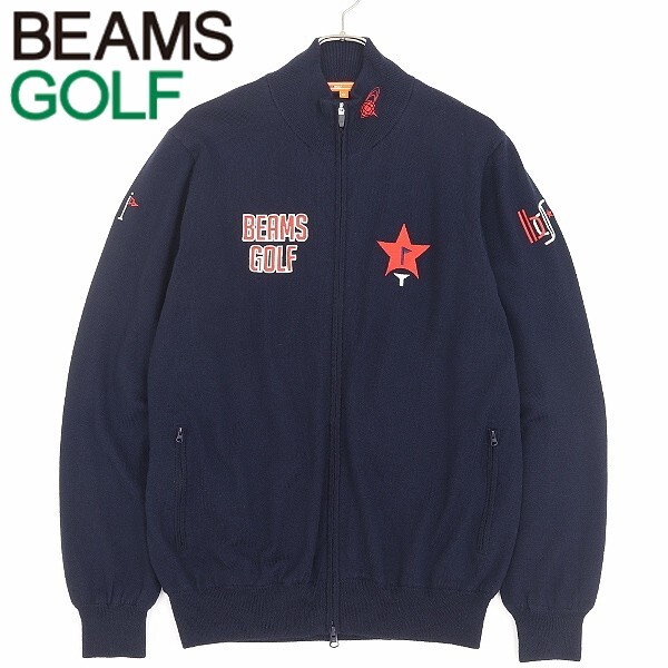 【HA496】美品◆BEAMS GOLF ORANGE LABEL ビームス ゴルフ 3.3万 OR.S.FlagツアーKTBZ ロゴ刺繍 ニット ブルゾン ジャケット ネイビー XL拍卖