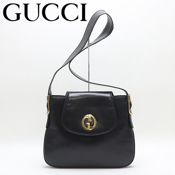【HA416】ヴィンテージ◆GUCCI オールド グッチ レザー GGゴールド金具 肩掛け ショルダー バッグ 黒 ブラック拍卖
