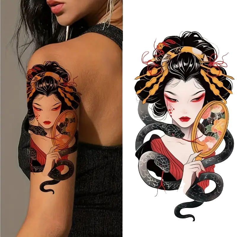 タトゥーシール 芸者 (2) 花魁 蛇 腕 和柄 耐久性あり 1枚 約 11.4cm×21cm リアル 和彫 (XHB-731) TATOO拍卖