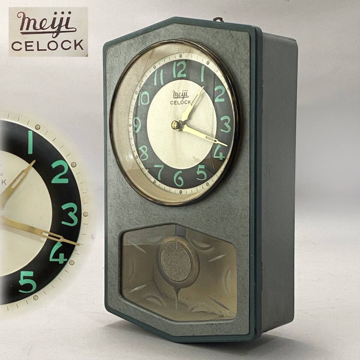 変わりダネ【meiji CELOCK】明治時計 ホーロー文字盤 振り子 掛け時計 ミントグリーン文字 ドームガラス アールデコ 電池式 一部動作確認拍卖