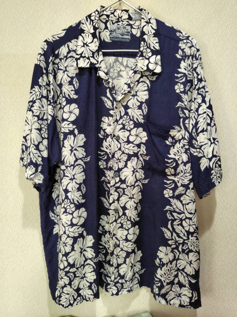 ハワイアン美アロハ★Pineapple Connection パイナップル・コネクション ボーダー ネイビー×生成り レーヨン100% Lサイズ(USA)大きめ 拍卖