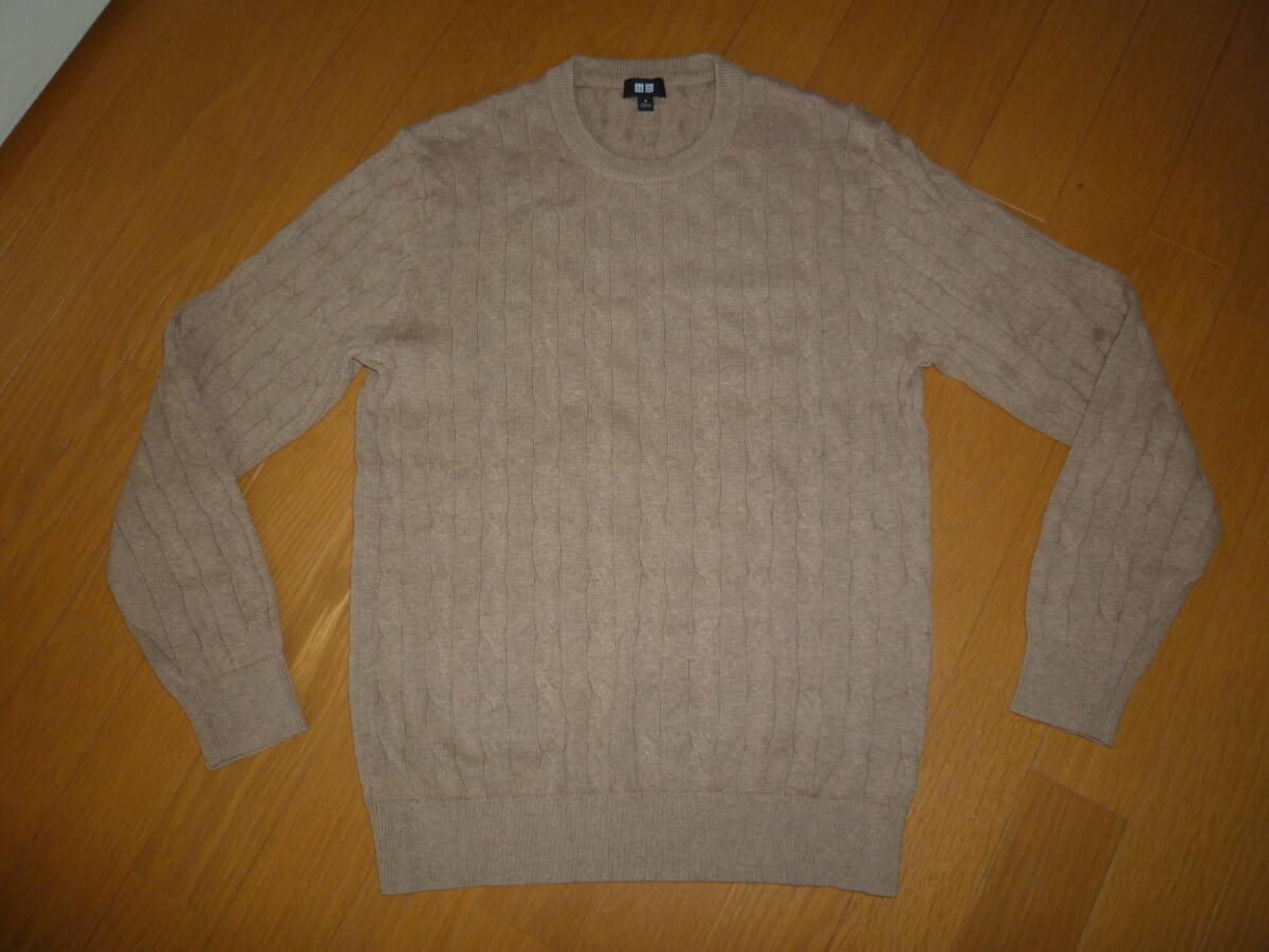美品 ユニクロ コットンカシミヤケーブルクルーネックセーター(長袖)351-411359 M ベージュ拍卖