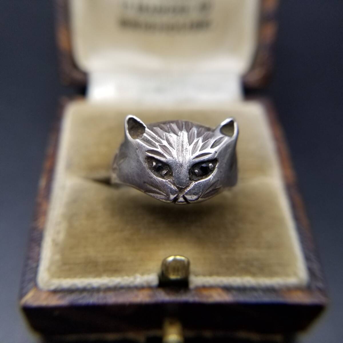 猫の顔 ブラックアイ 925 シルバー ヴィンテージ キャット リング 指輪 銀 動物 モチーフジュエリー レトロ キュート R16-Q拍卖