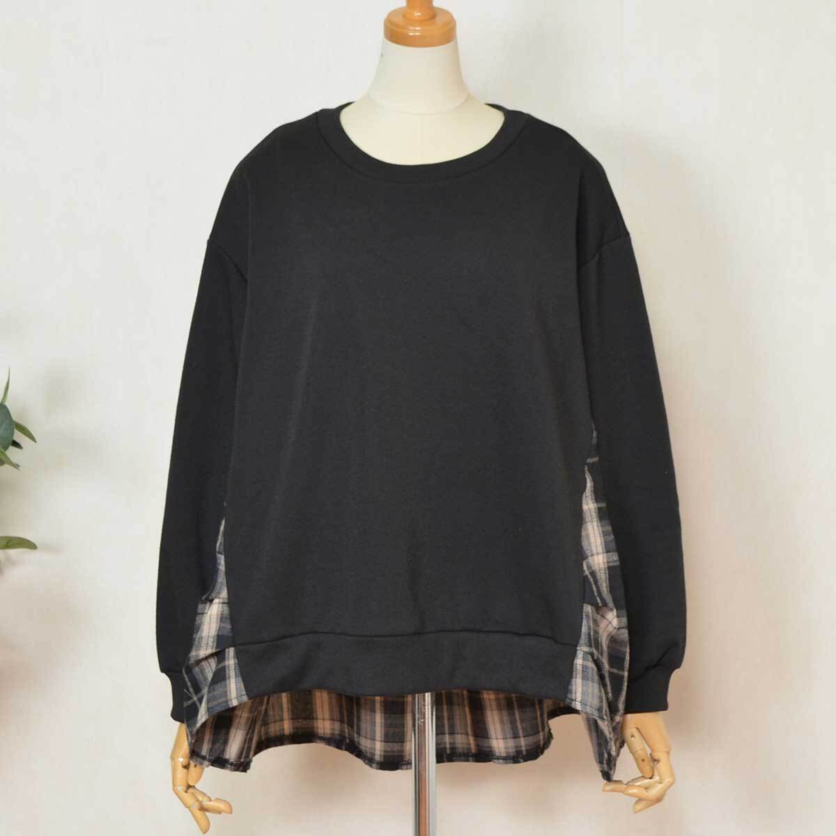 チュニック レディース プルオーバー 体型カバー 裏起毛 チェック柄切替 ゆったり長袖トップス ブラック系 C-3184拍卖