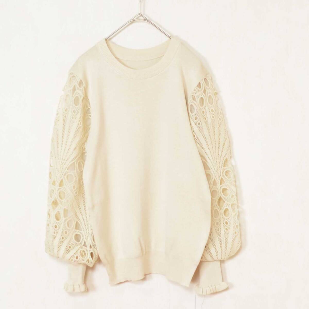 トップス レディース お袖レース ニットブラウス M〜L レディース|透け感 袖切替 フェミニン 長袖 192458拍卖