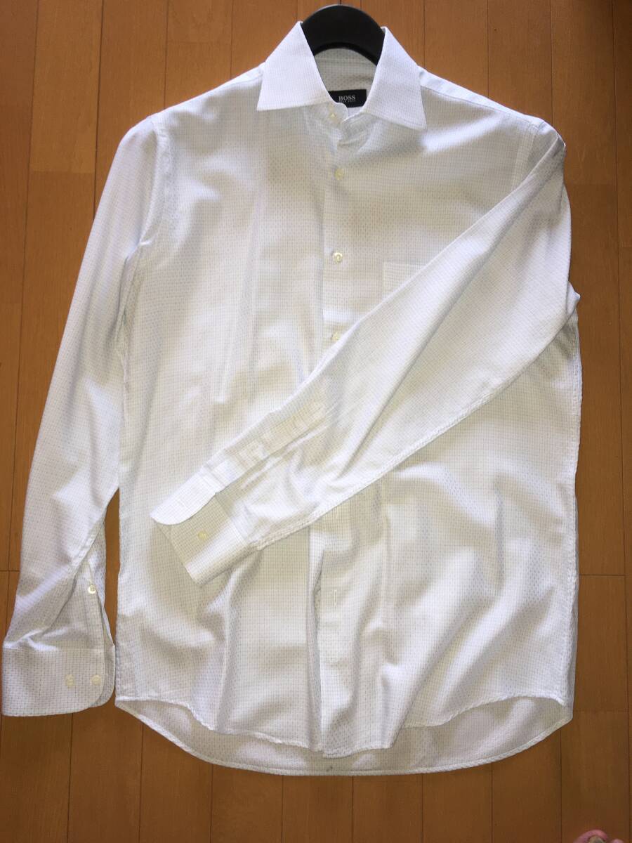 BOSS ヒューゴボス ドレスシャツ 青白スクエア サイズL相当(38-15) ドゥエボットーニ リゾートのドレスコードに拍卖