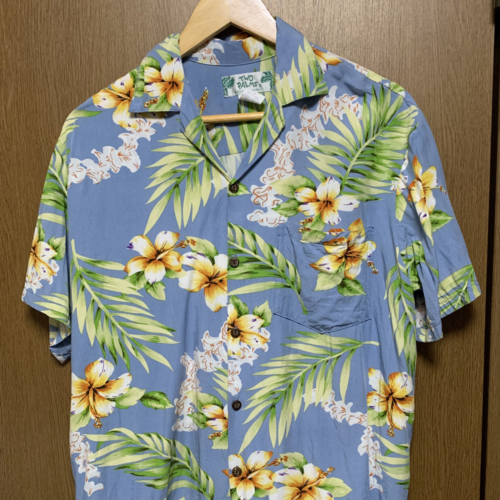 M【TWO PALMS HAWAII|半袖シャツ】トゥーパームス ブルーグレー系 アロハシャツ 半袖 開襟 オープンカラー レーヨン 米国製 ハワイ拍卖