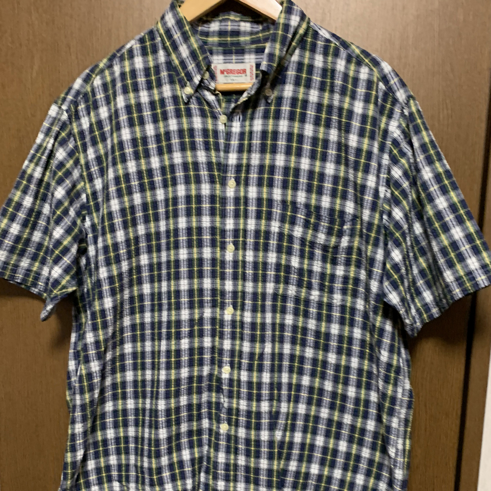 L【McGREGOR|半袖BDシャツ】マックレガー ネイビー×グリーン系 チェック柄 半袖シャツ ボタンダウン拍卖